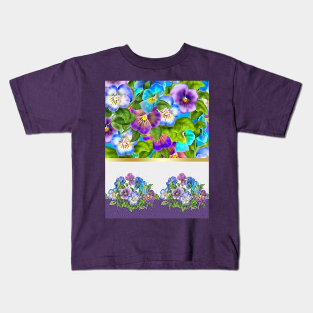 Beautiful Pansy Flowers Violet Viola Tricolor Floral Pattern. Watercolor Hand Drawn Decoration. Spring colorful pansies in bloom garden flowers Kids T-Shirt by sofiartmedia